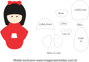 Molde Kokeshi - Vermelha - Moldes de EVA - Feltro e Artesanato, molde de muñeca japonesa, japanische Puppenform, japanese doll mold