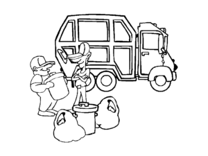 Desenho de Caminhão de lixo e lixeiros para colorir