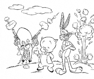 Desenho de Gaguinho, Eufrazino e Pernalonga no Velho Oeste para colorir