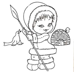 Desenho de Menina esquimó com lança para colorir