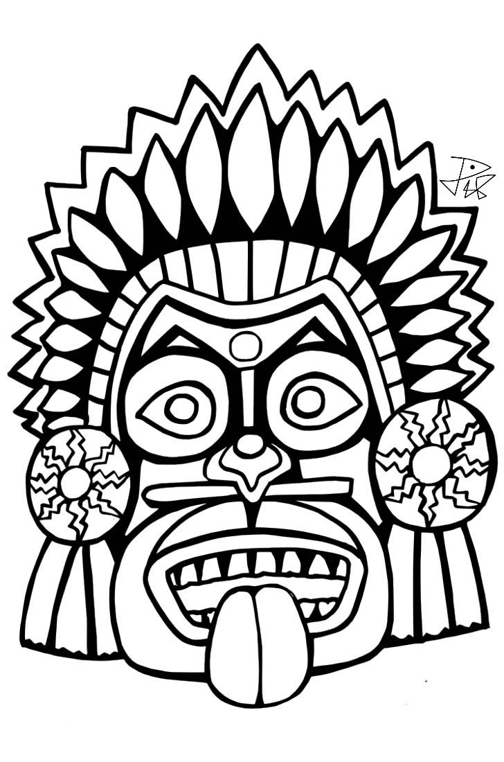 Desenho de Máscara indígena asteca para colorir e imprimir