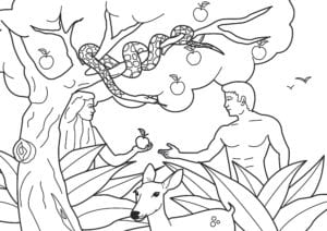 Desenho de Adão e Eva comendo a fruta do pecado para colorir