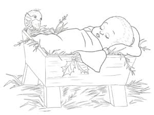 Desenho de Jesus bebê na manjedoura para colorir