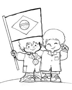 Desenho de Meninos com a Bandeira do Brasil para colorir