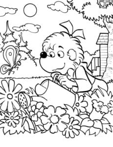 Desenho para colorir de Cachorrinho cuidando das flores
