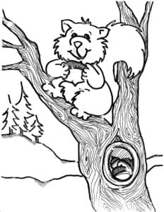 Desenho para colorir de Esquilo guardando comida no buraco da árvore