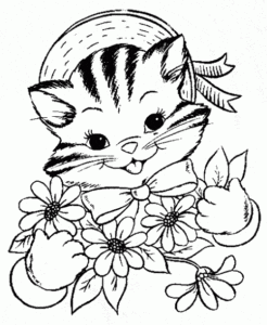 Desenho para colorir de Gato segurando arranjo de flores