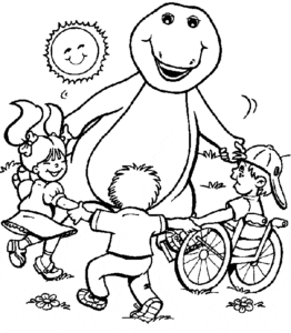 Desenho para colorir de Barney brincando de roda com amigos