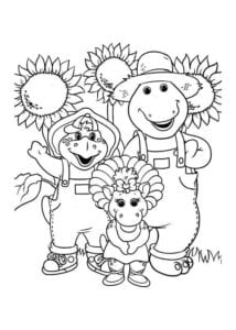 Desenho para colorir de Barney e amigos na plantação de girassóis