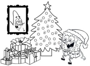Desenho para colorir de Bob Esponja abrindo presentes de Natal