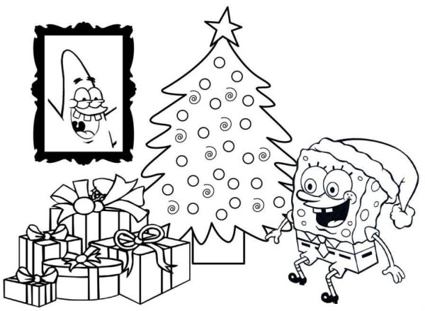 Desenho de Bob Esponja abrindo presentes de Natal para colorir -