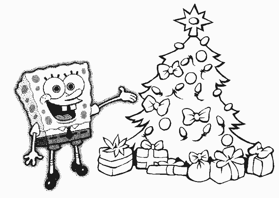 Desenho de Bob Esponja e árvore de Natal para colorir e imprimir
