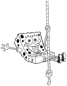 Desenho para colorir de Bob Esponja fazendo rapel com corda