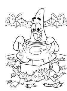 Desenho para colorir de Patrick Estrela abrindo presente de Natal