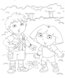 Desenho para colorir de Dora e Diego brincando de exploradores