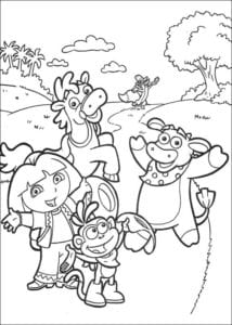 Desenho para colorir de Dora na floresta com amigos