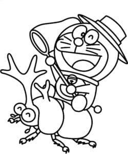 Desenho para colorir e imprimir de Doraemon caçando insetos