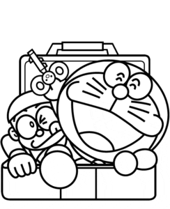 Desenho de Doraemon dentro de mala para colorir