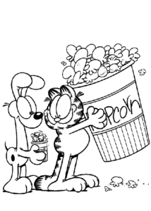 Desenho para colorir de Garfield e Odie comendo pipoca