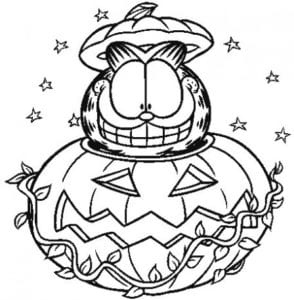 Desenho para colorir de Garfield na abóbora do Halloween
