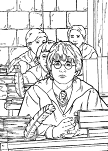 Desenho para colorir de Harry Potter e amigos em classe