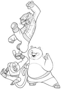 Desenho para colorir de Po, Tigresa e Mestre Macaco