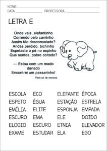Ficha de Leitura Letra E - Atividade de Educação Infantil 1º Ano