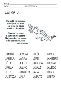 Ficha de Leitura Letra J - Atividade de Educação Infantil 1º Ano