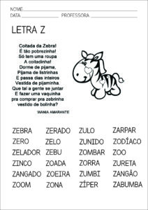 Ficha de Leitura Letra Z - Atividade de Educação Infantil 1º Ano
