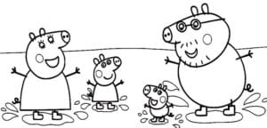 Desenho para colorir de Família Pig pulando na lama