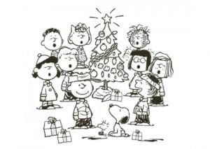 Desenho de Natal da turma do Snoopy para colorir e imprimir