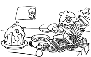 Desenho para colorir de Smurf cozinheiro deixando pilha de pratos cair
