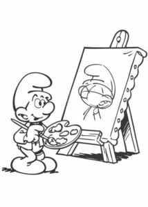 Desenho para colorir de Smurf pintor fazendo aquarela