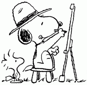 Desenho de Snoopy pintando um quadro para colorir e imprimir